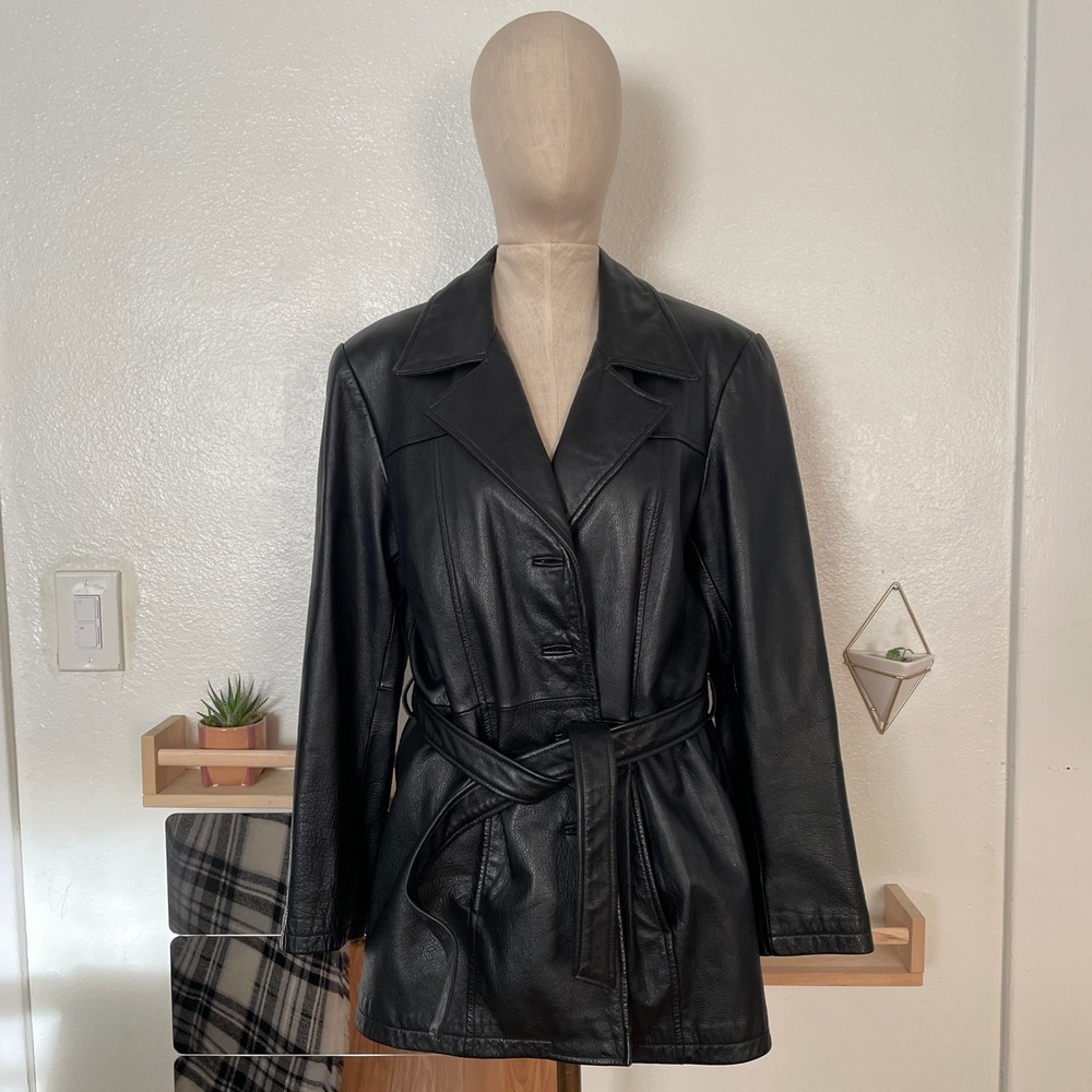 Jacqueline Ferrar Womens Black Leather Belted Trench Coat Jacketโ Large Vintage